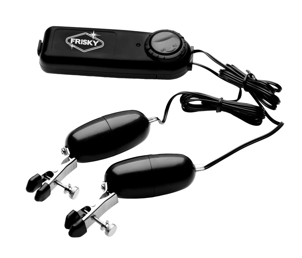 Frisky Vibrating Nipple Clamps: Black vibrating handheld controller connected by wires to two adjustable metal clips.