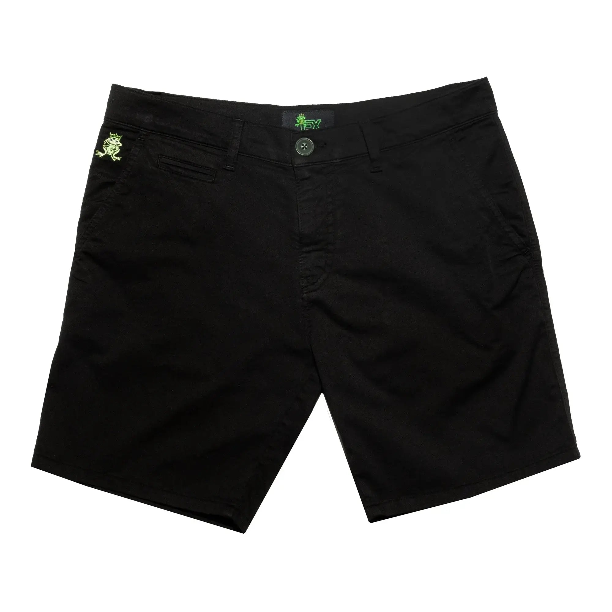 Black chino shorts with neon green frog embroidery on the left pocket and matching logo tag at the waistband