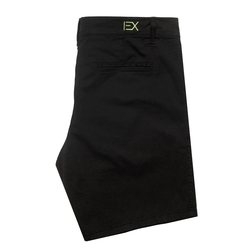 Black frog chino short with subtle neon green ex logo embroidered on the waistband in comfortable fabric