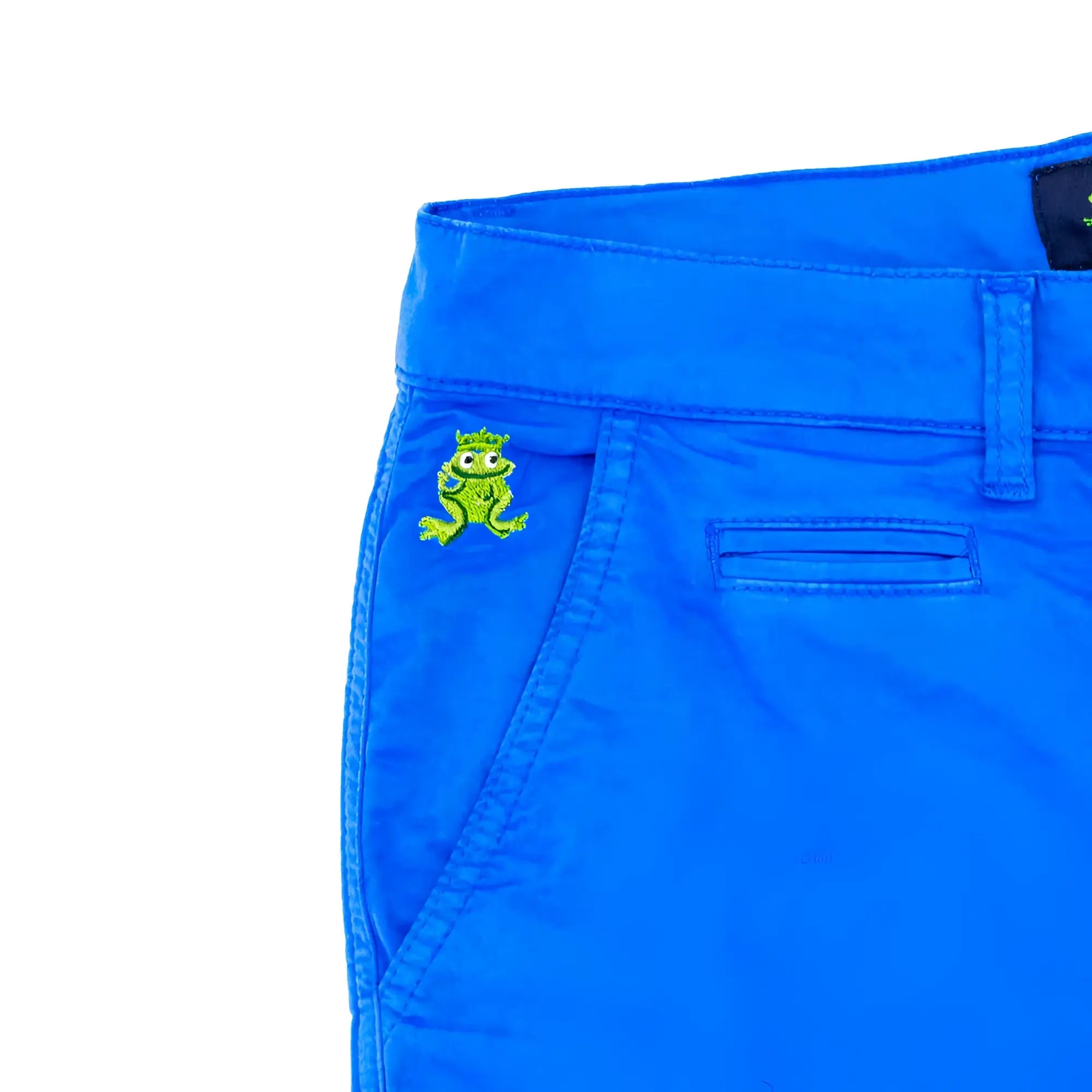 Bright blue frog chino short featuring a small green embroidered frog with a crown on the front pocket