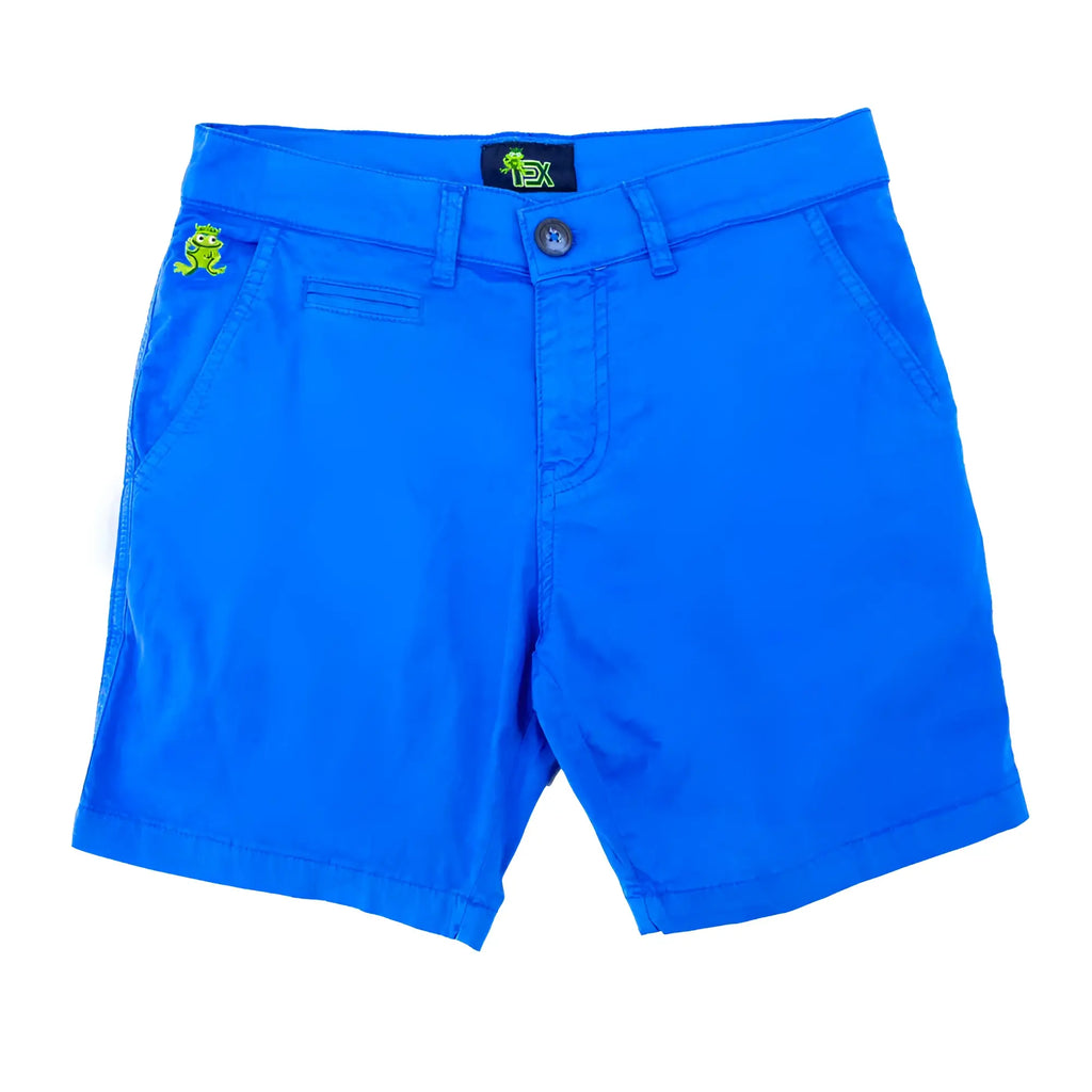 Bright blue frog chino short with small green frog embroidery on thigh and black brand tag at waistband
