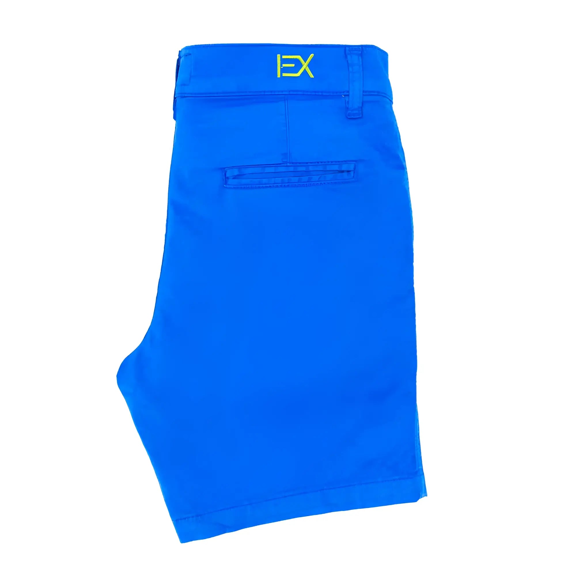 Bright blue frog chino short with yellow ex logo on waistband made from comfortable cotton blend fabric
