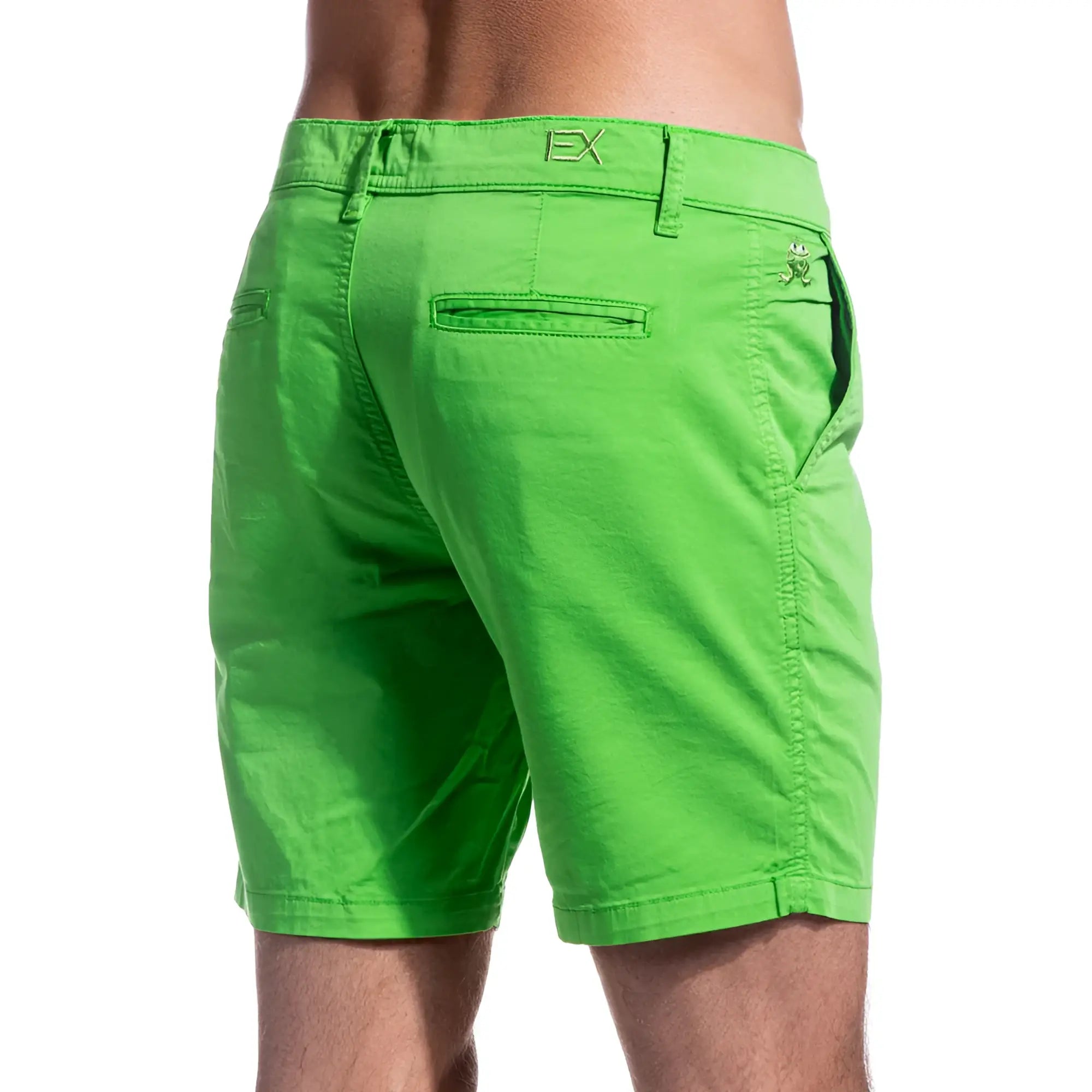 Bright green frog chino short with subtle textured weave and branded logo on waistband in lightweight fabric