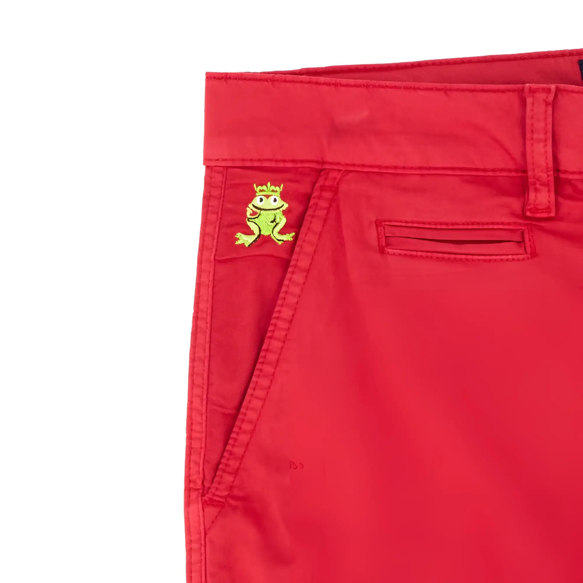 Bright red frog chino short pants with a small embroidered green frog wearing a yellow crown on the front pocket