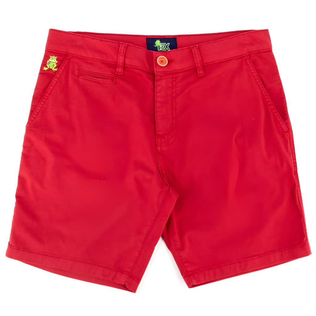 Bright red frog chino shorts featuring a small embroidered frog on the left hip and branded waistband tag