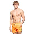 Bright orange frog swim trunk with purple drawstrings and small embroidered logo on lower left leg for swimming