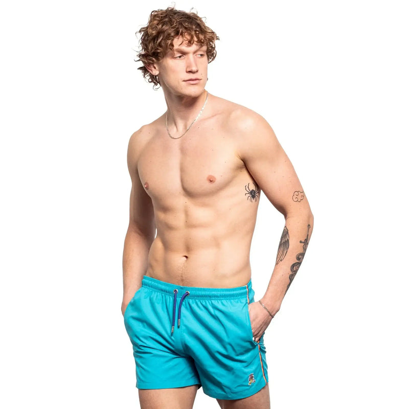 Bright turquoise frog swim trunk with drawstring waistband and subtle side trim for comfortable swimming
