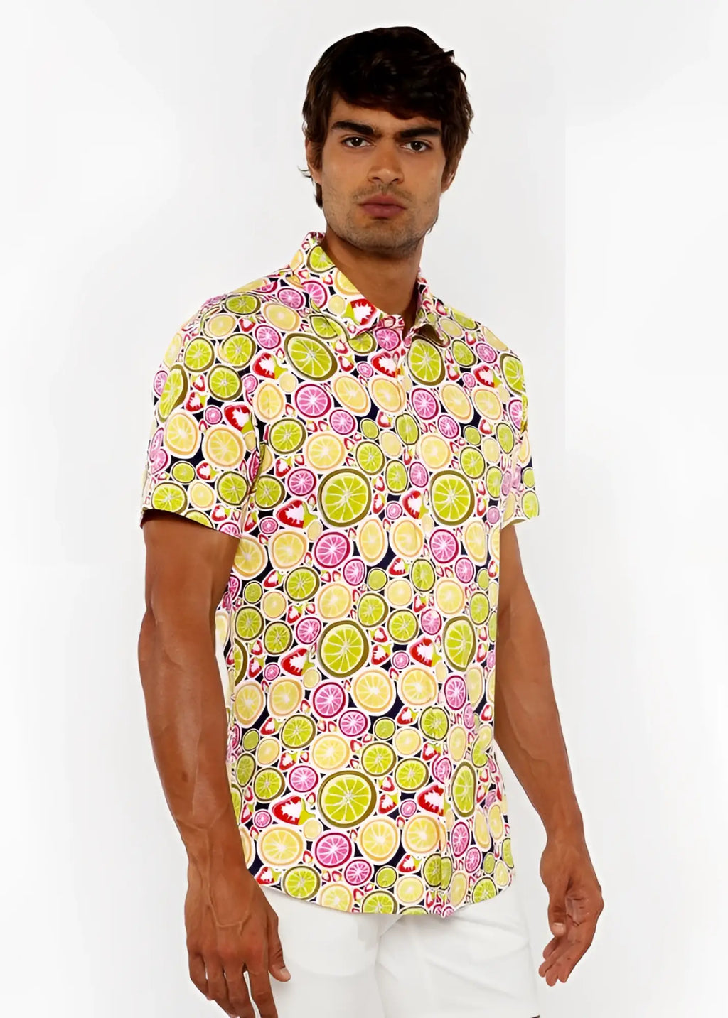 Fruits print stretch knit shirt with vibrant sliced lime lemon and strawberry pattern on light background