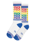 White crew socks with rainbow colored fuck you text and smiley faces blue toe caps and striped cuffs fu smiley face crew socks