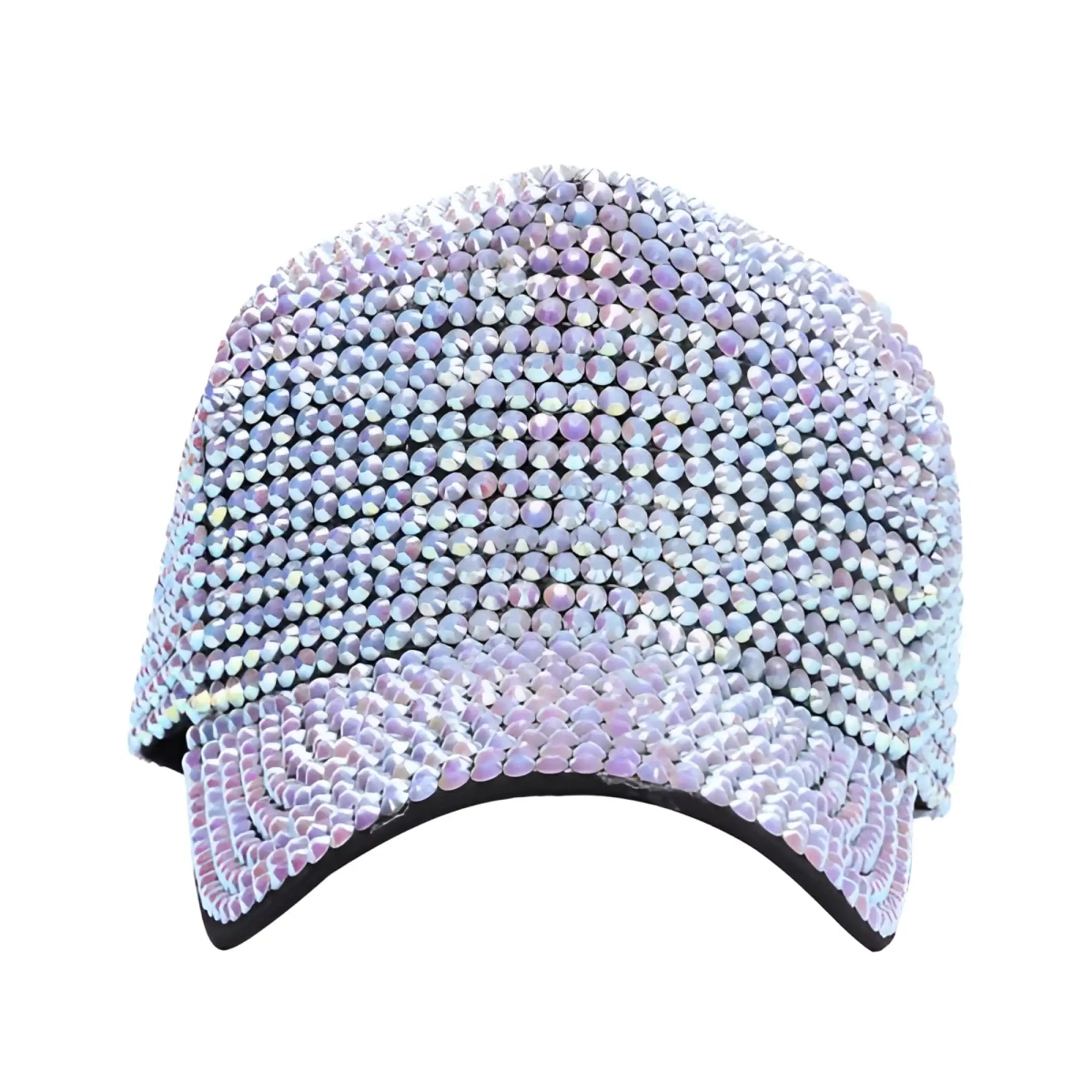 Full rhinestone baseball cap with shimmering iridescent pastel rhinestones and black brim and trim
