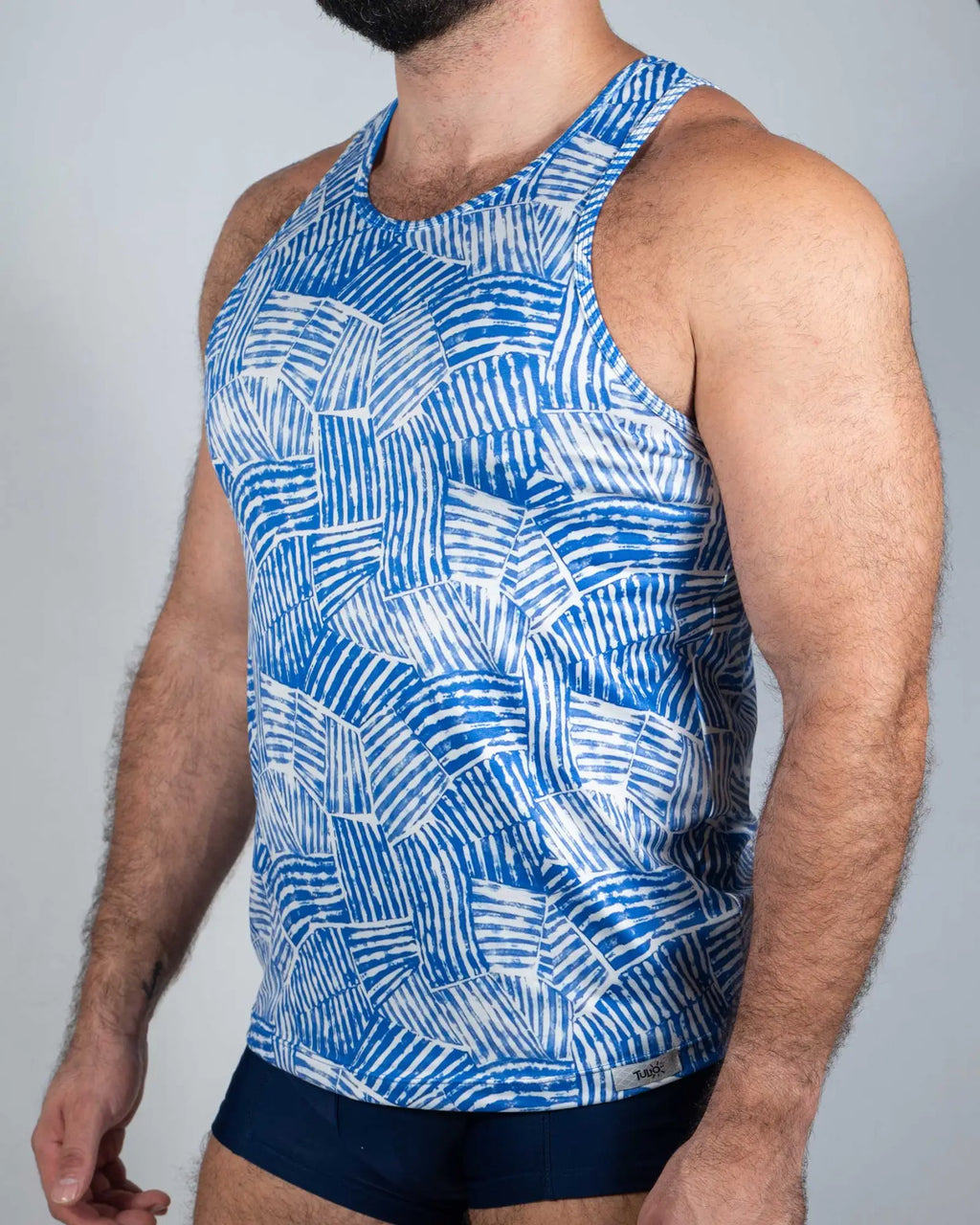 Blue and white geometric-patterned men’s tank top fun square print tank ideal for casual summer wear
