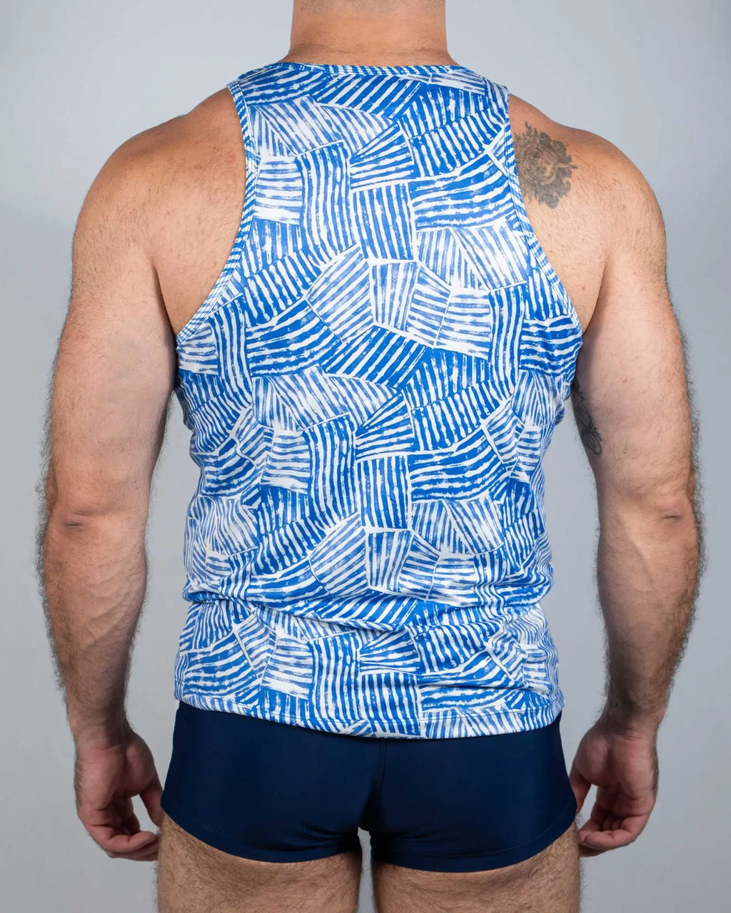 Blue and white geometric patterned tank top with modern abstract design called fun square print tank