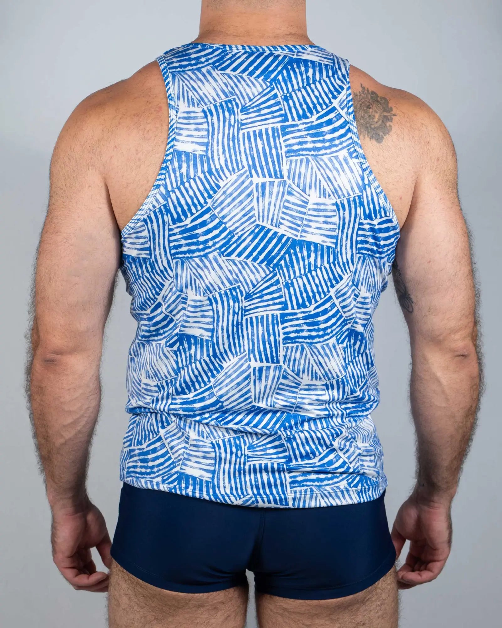 Blue and white geometric patterned tank top with modern abstract design called fun square print tank
