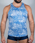 Blue and white fun square print tank top with geometric woven design perfect for casual summer wear