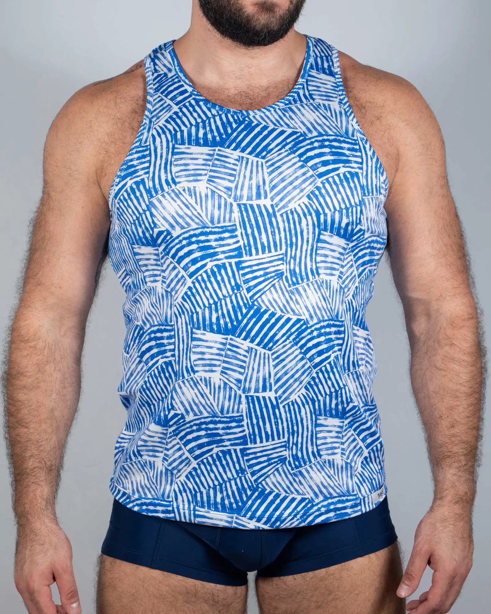 Blue and white fun square print tank top with geometric woven design perfect for casual summer wear