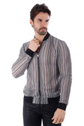 Funky novelty bomber jacket with black and white stripes, ribbed cuffs and waistband for men