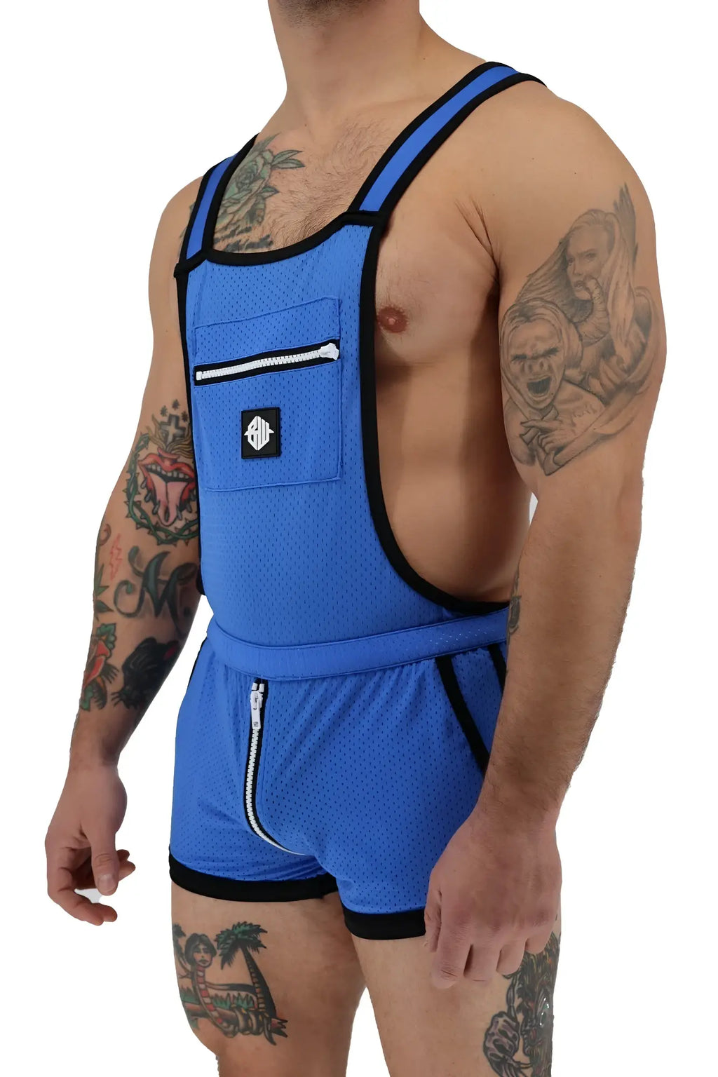 Blue mesh athletic overalls futura sluterall with black trim and white zippers for sports and activewear