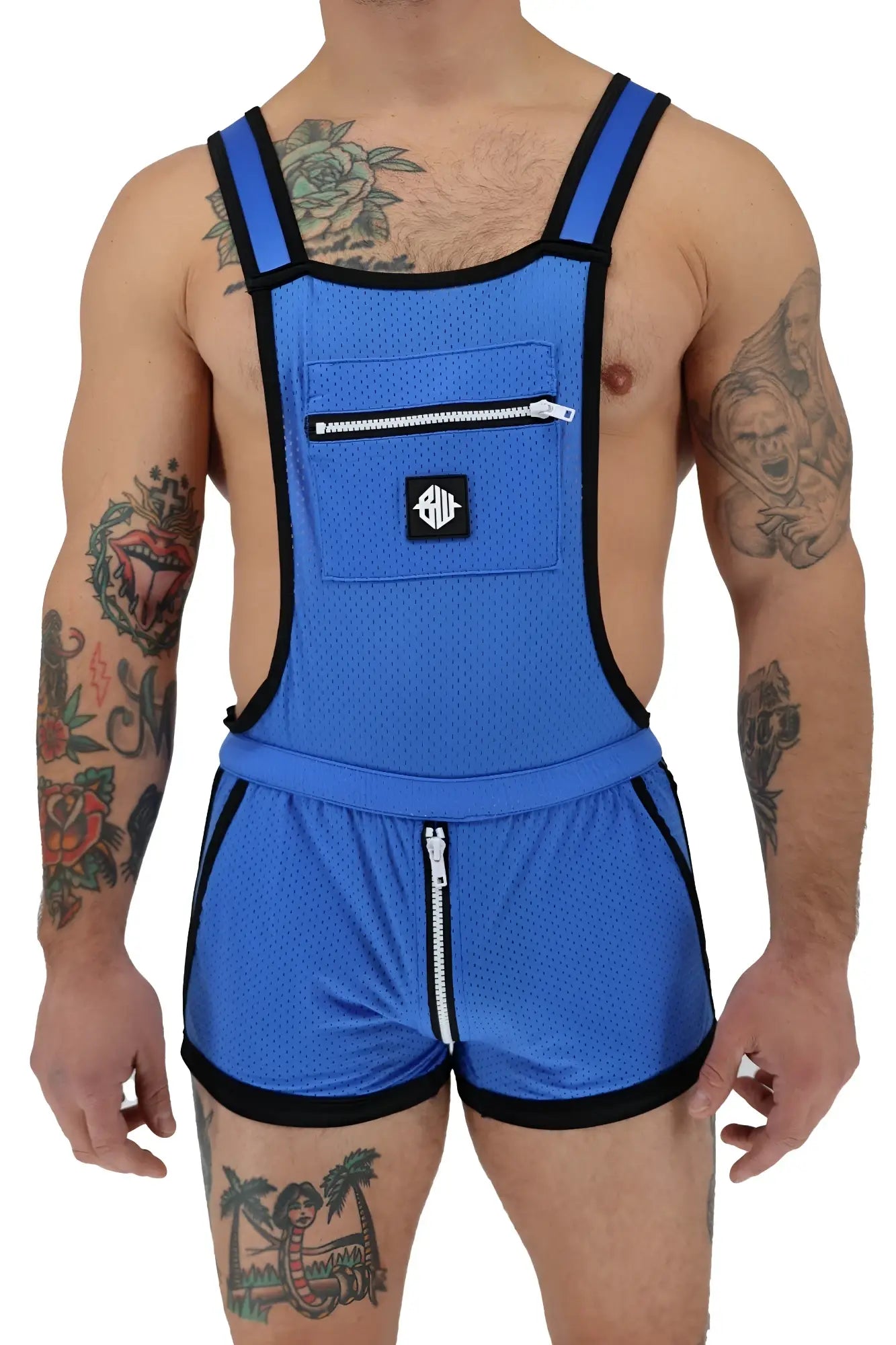 Blue mesh futura sluterall overalls with black trim and a front zipper pocket designed for durability and comfort