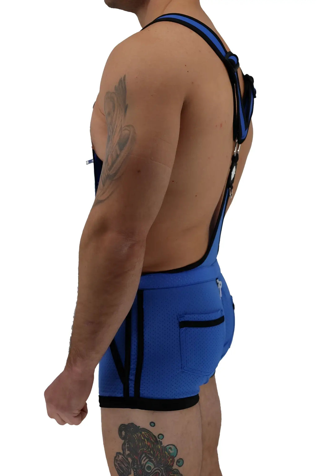 Blue futura sluterall wrestling singlet with black trim and straps designed for competitive wrestling use