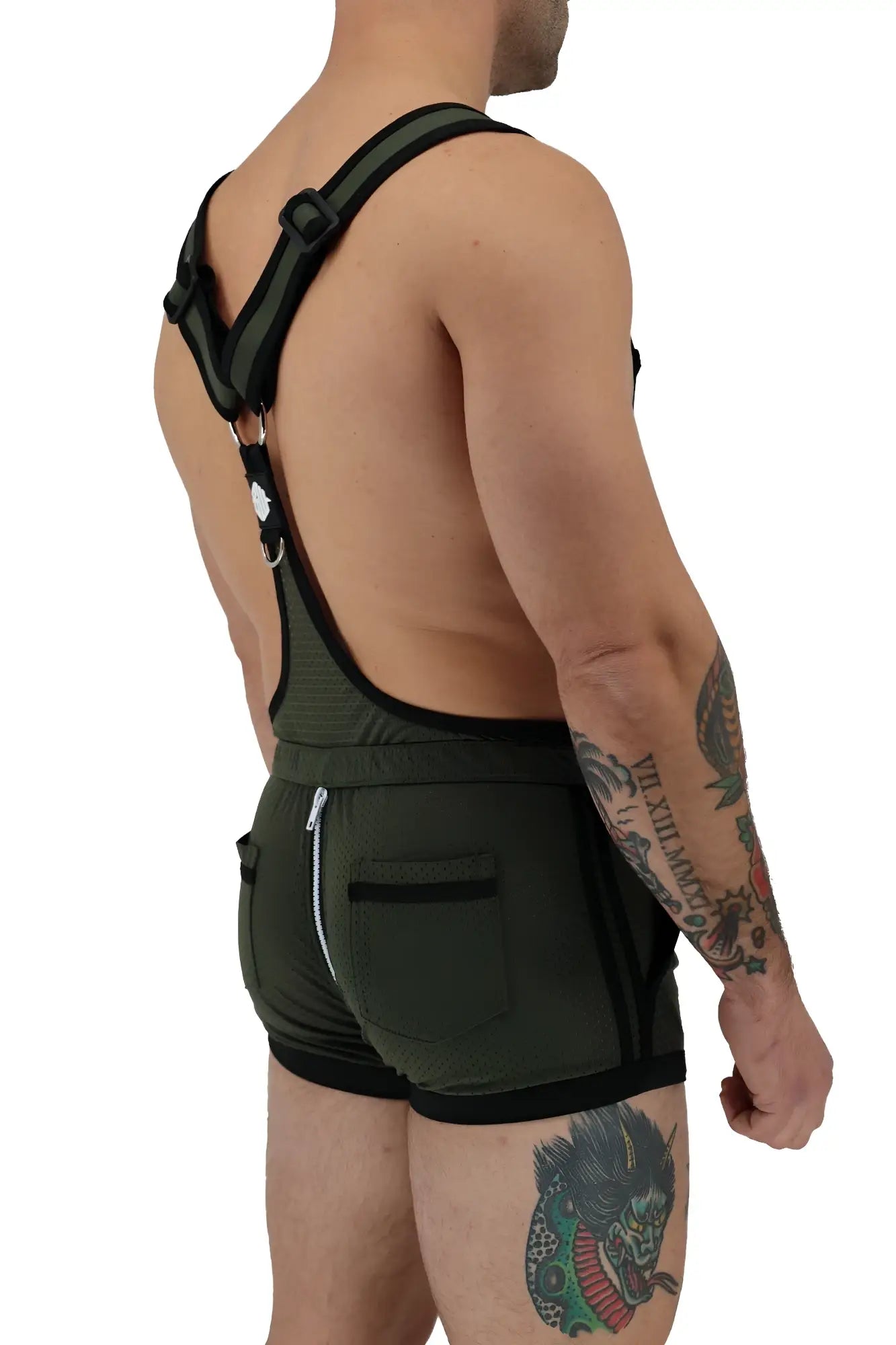 Futura Sluterall olive green athletic shorts with black trim and a front zipper pocket for active use