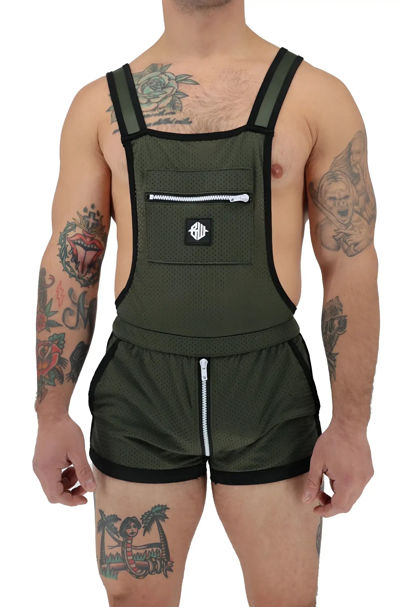 Olive green mesh Futura Sluterall overalls with black trim and front zipper pocket featuring white logo patch