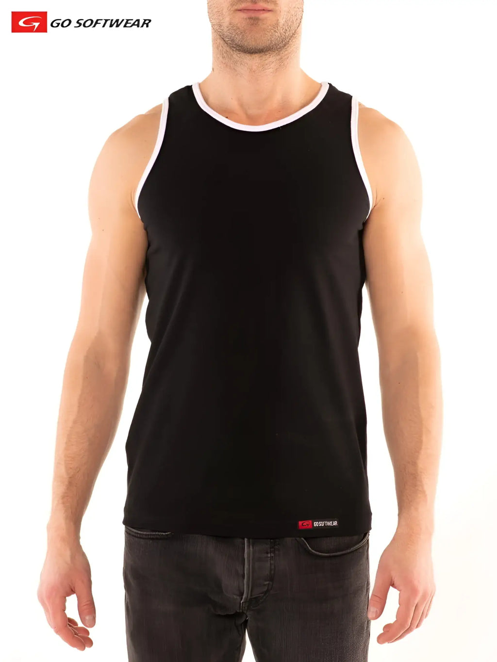 Black sleeveless tank top with white trim and red go softwear logo on lower right side in g s california classic tank