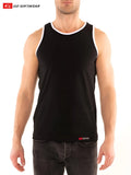 Black sleeveless tank top with white trim and red go softwear logo on lower right side in g s california classic tank