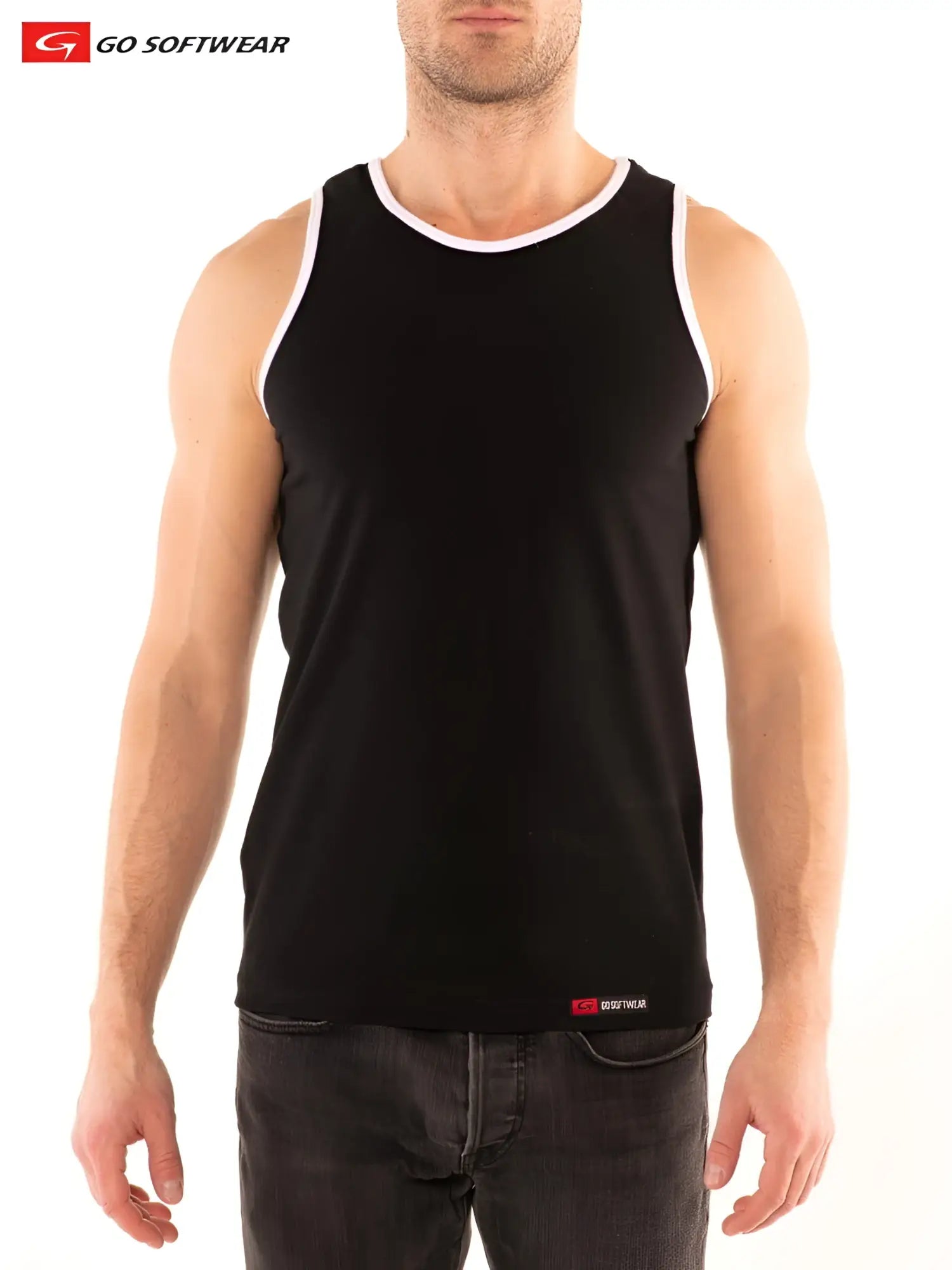 Black sleeveless tank top with white trim and red go softwear logo on lower right side in g s california classic tank