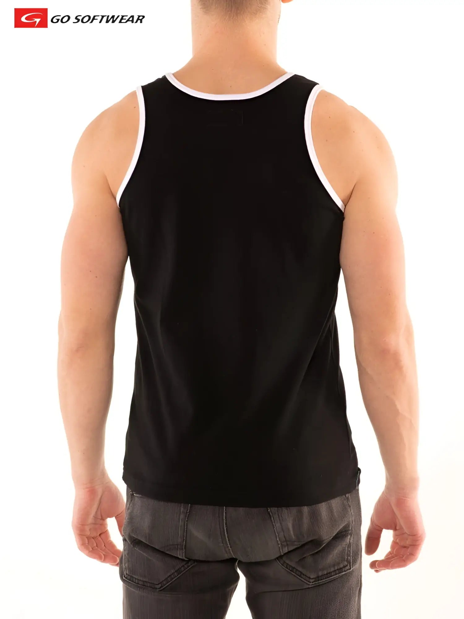 Black sleeveless go softwear tank top with white trim along neckline and armholes in the g s california classic tank design