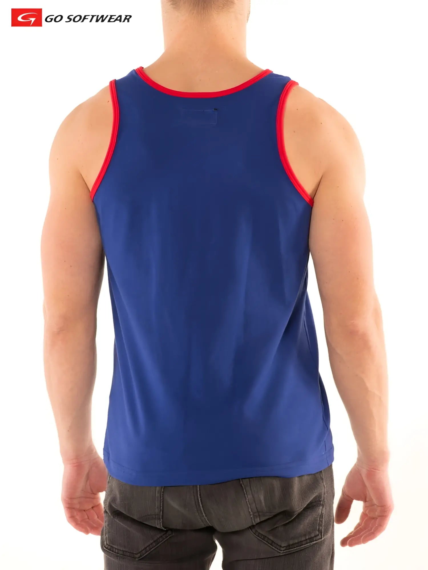 Back view of blue gs california classic tank top with red trim soft fabric and small rectangular patch