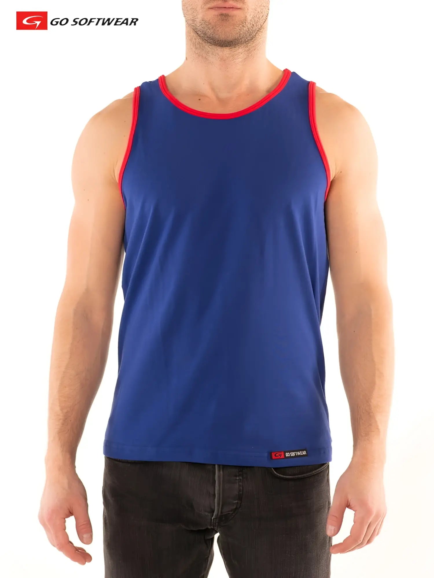 Blue sleeveless tank top with red trim and small go softwear logo on lower right side from gs california classic tank