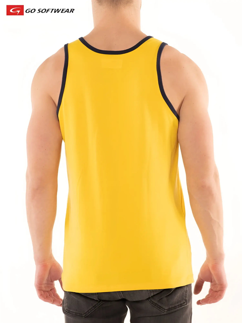 Bright yellow G S California classic tank sleeveless top with black trim along neckline and armholes
