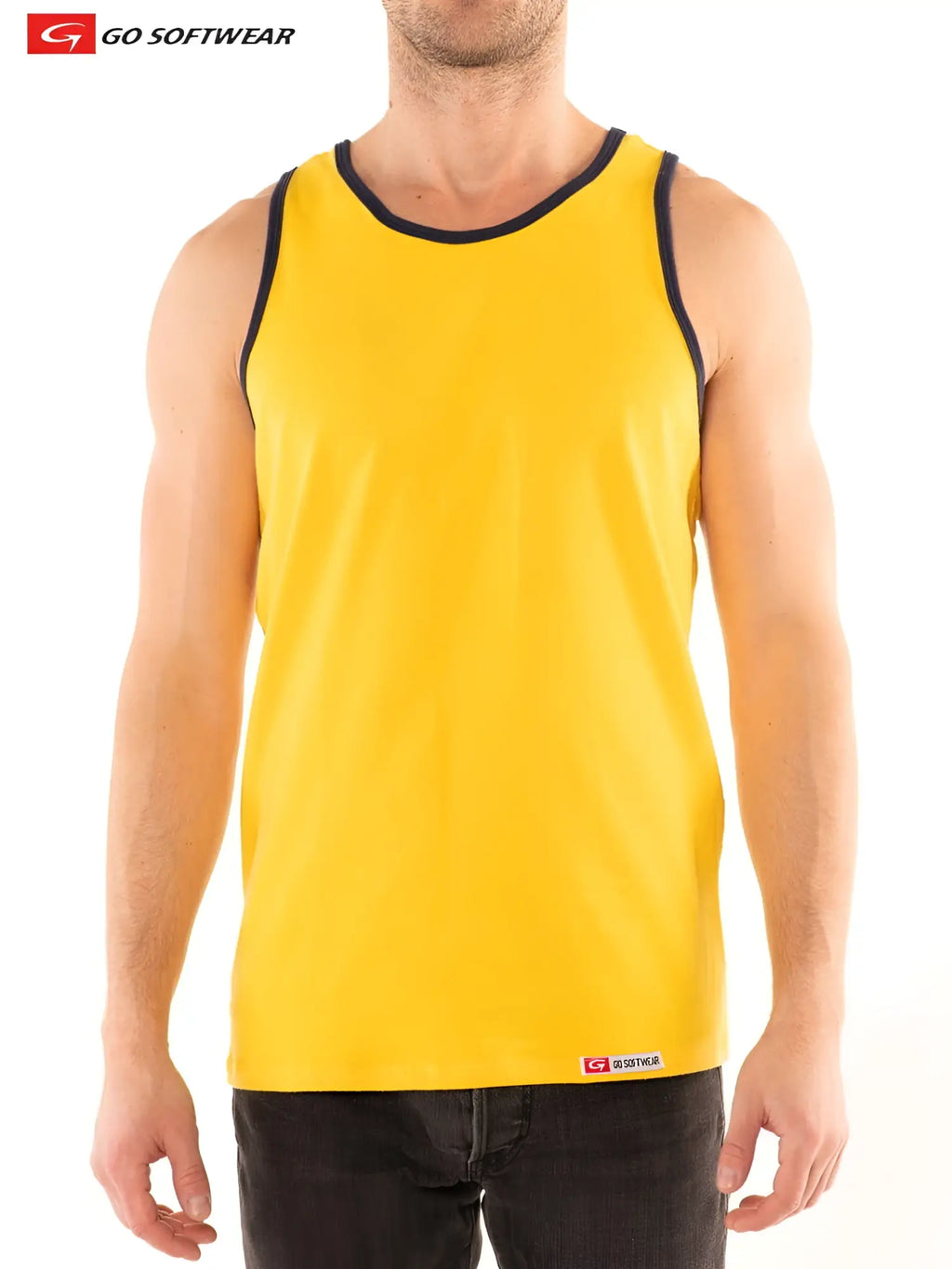 Bright yellow g s california classic tank sleeveless top with navy blue trim and small logo tag at hem