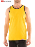 Bright yellow g s california classic tank sleeveless top with navy blue trim and small logo tag at hem