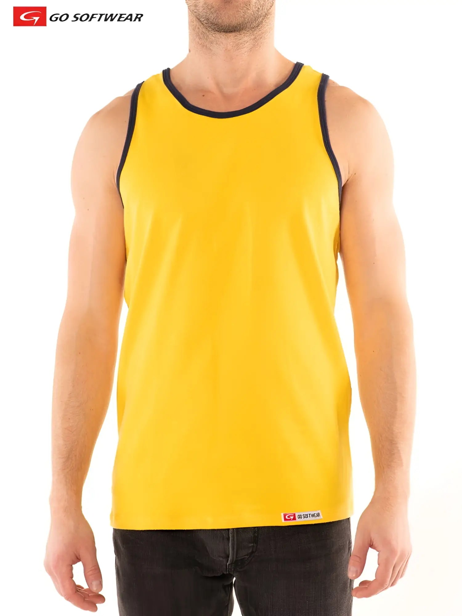 Bright yellow g s california classic tank sleeveless top with navy blue trim and small logo tag at hem
