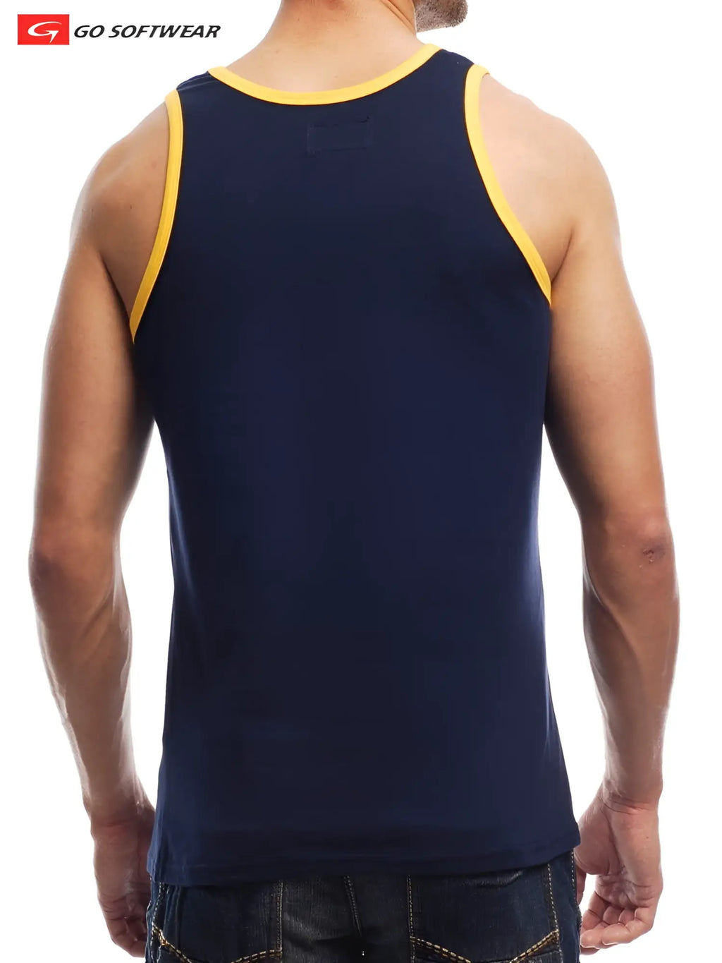 Navy blue g s california classic tank top with yellow trim and soft fitted design ideal for casual wear