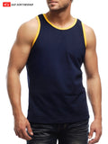 Navy blue G S California Classic Tank tank top with yellow trim round neckline featuring go softwear logo