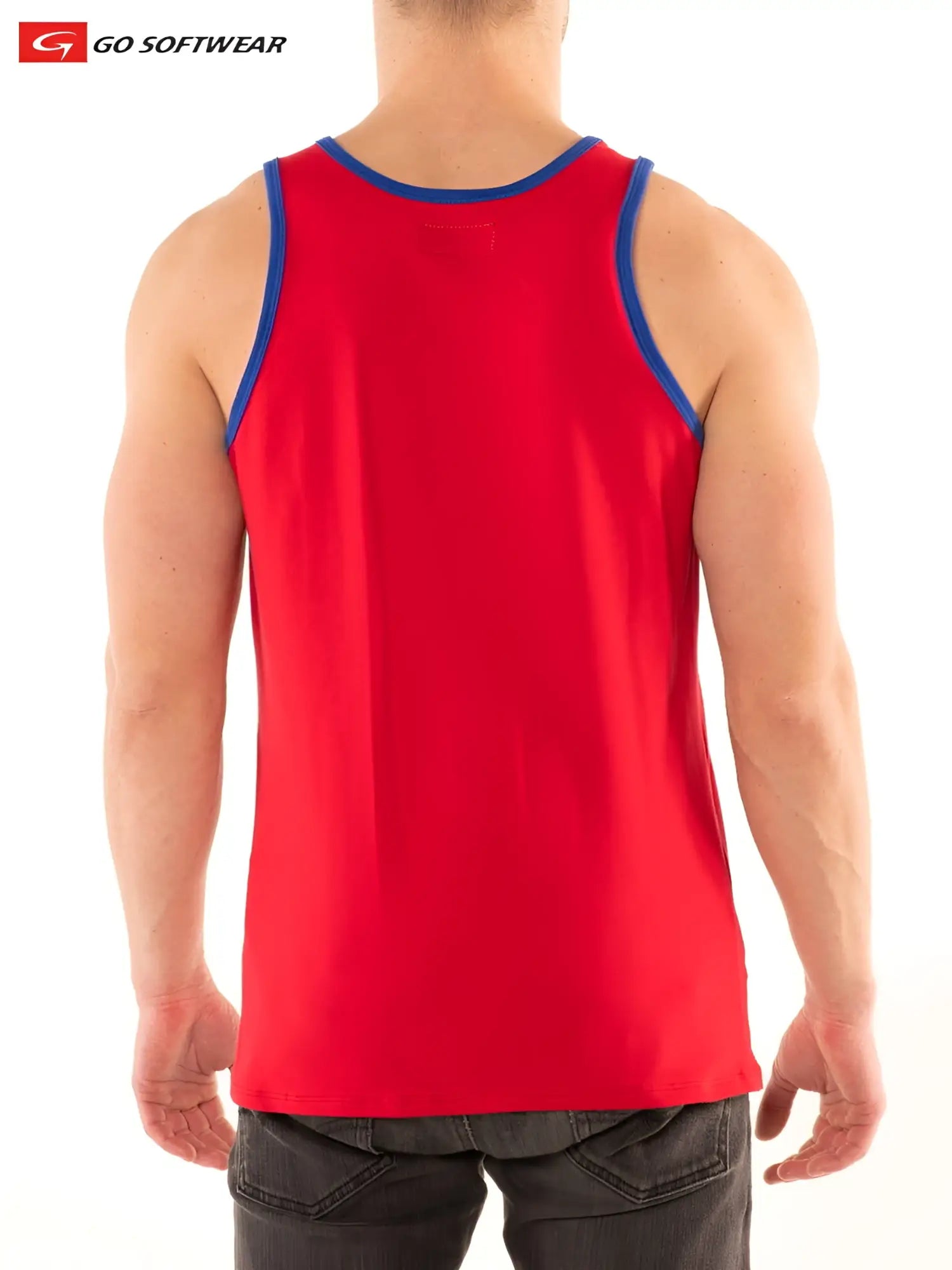 Red tank top with blue trim made by go softwear from the G S California Classic Tank collection