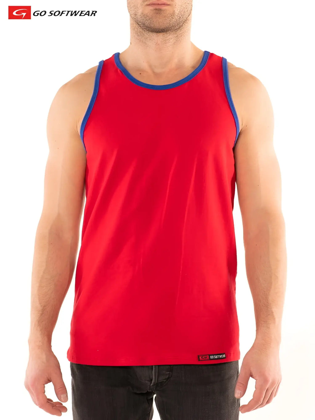 Red gs california classic tank top with blue trim and go softwear logo on lower right side