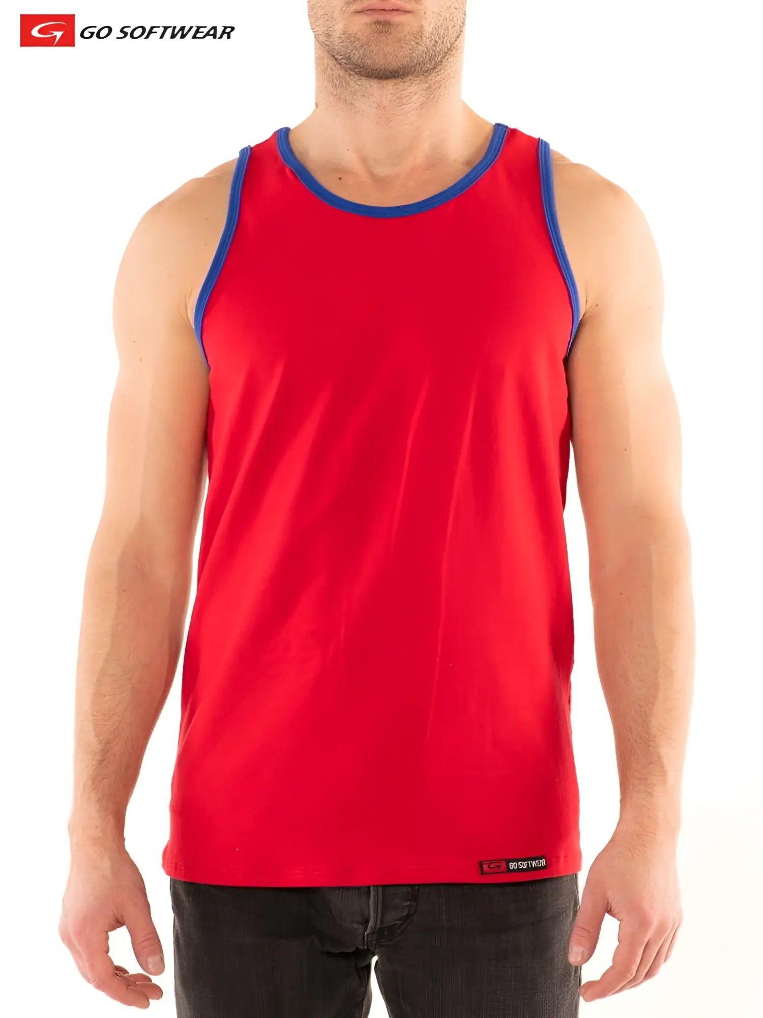 Red gs california classic tank top with blue trim and go softwear logo on lower right side