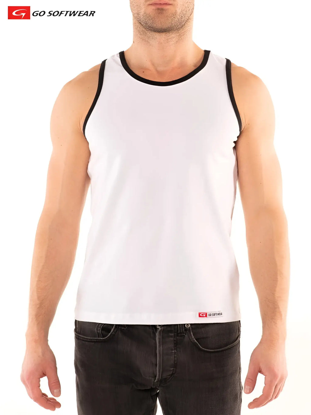 White G S California classic tank top with black trim and small red logo at bottom hem