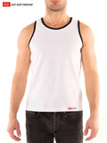 White G S California classic tank top with black trim and small red logo at bottom hem