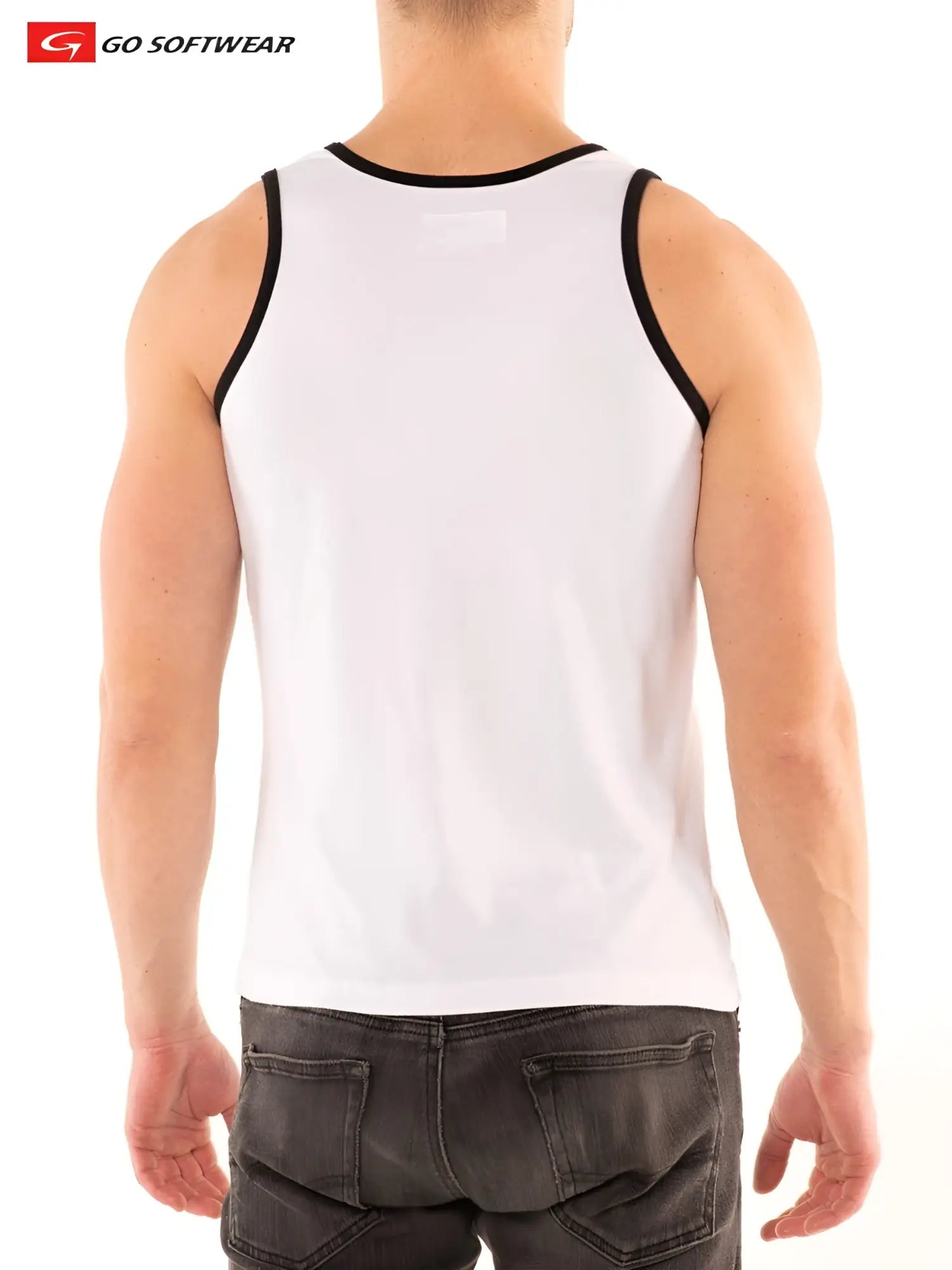 White tank top with black trim in a simple classic design from G S California classic tank collection