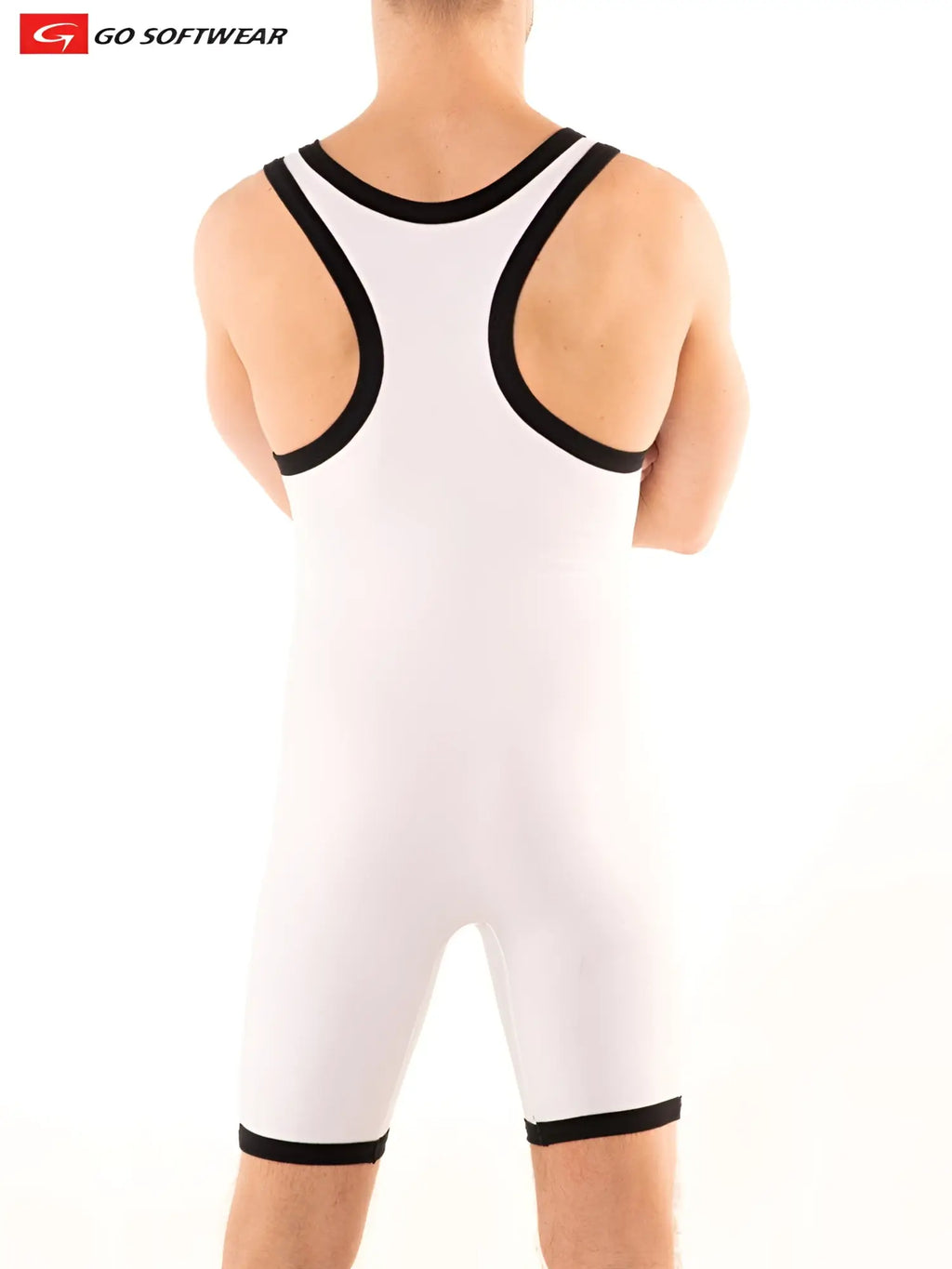White g s california wrestler singlet with black trim along neckline armholes and leg openings for wrestling use