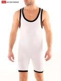White g s california wrestler singlet with black trim along neckline armholes and leg openings for wrestling use