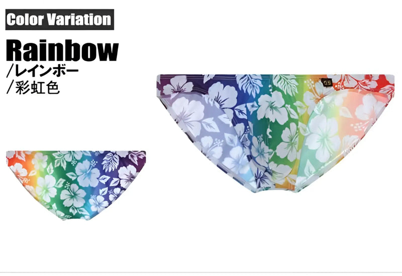G-station hibiscus bikini underwear rainbow in size m with vibrant gradient rainbow swim trunks and white hibiscus flowers