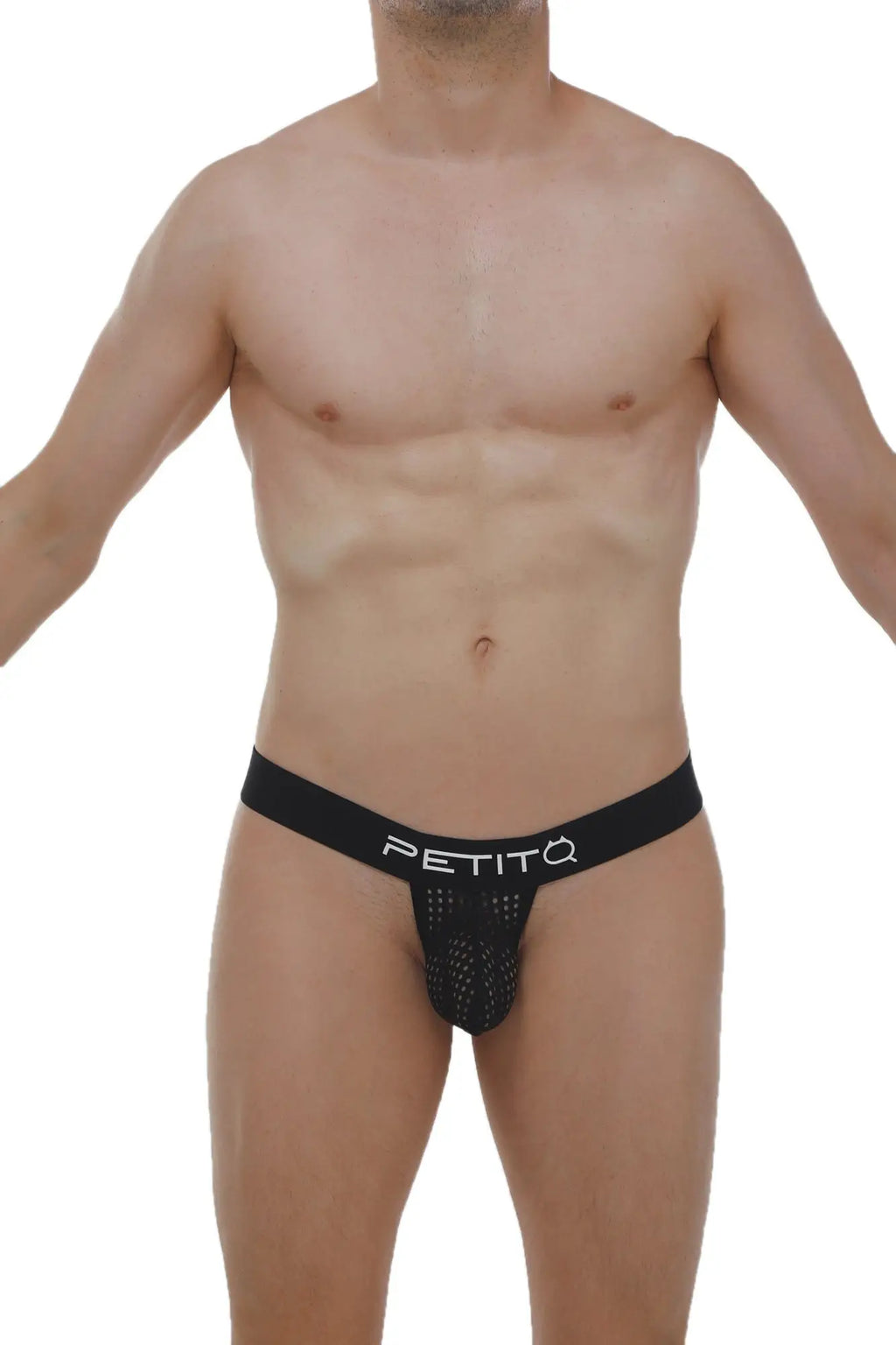 Black mesh g-string briefs with a solid black waistband featuring the petitq logo in white lettering front view