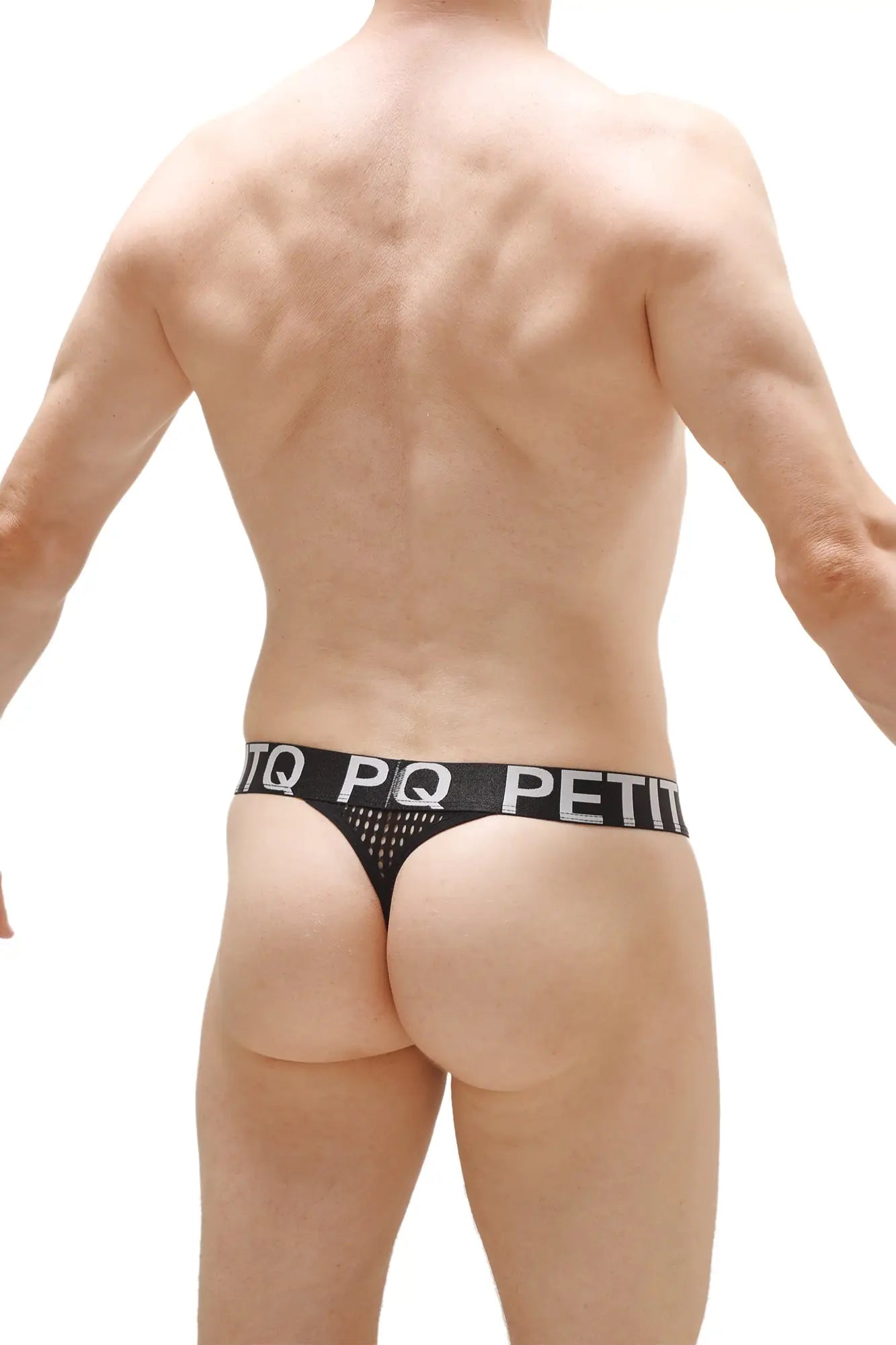 Black mesh thong g-string chanac durtol black with solid black waistband featuring white pq petit text front view