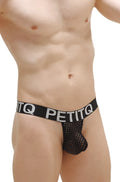 Black mesh thong g-string chanac durtol with wide elastic waistband featuring petitq logo in white lettering