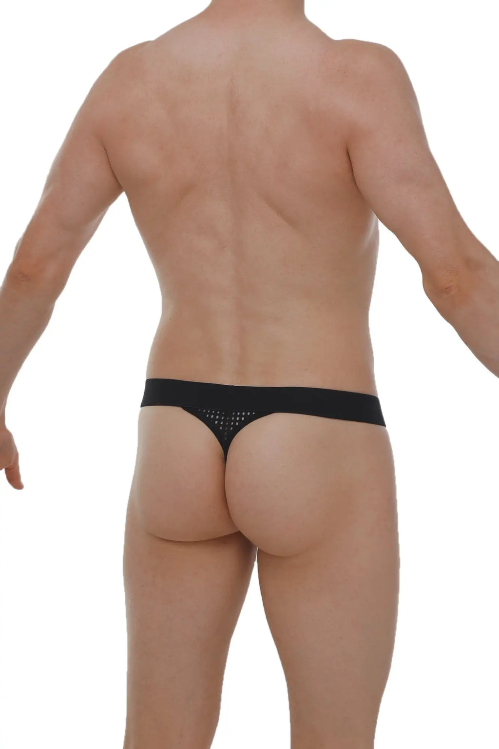 Black g-string chanac durtol with mesh panel and small embellishments showing the back side of the thong